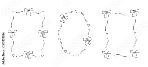 Set of frames with a bow and a ribbon border. Vintage doodle style decorative ornament. Hand-drawn vector illustration