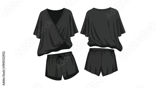 Comfortable black loungewear set with a V-neck wrap top and drawstring shorts, perfect for relaxation. Front and back views displayed. Minimalist