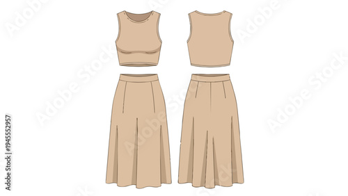 Contemporary two-piece outfit technical drawing with crop top and flowy midi skirt design for fashion creation featuring elegant details perfect for