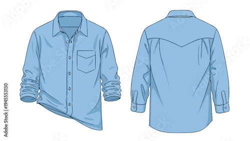 Detailed technical illustration of a light blue long-sleeved casual shirt with rolled cuffs and western-style back yoke design fashion apparel item