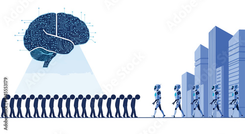 Flat 2D illustration of a blue brain with people walking in line towards a cityscape, representing the concept of AI and unemployment.