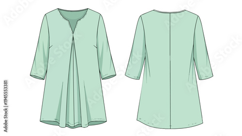 Flowy casual tunic dress fashion flat drawing showcasing front pleats and three-quarter sleeves in soft pastel mint green
