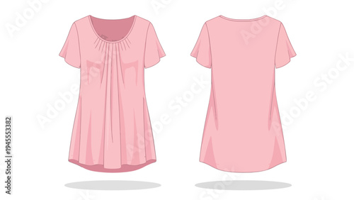 Vector illustration of a soft pink casual tunic, meticulously showcasing its comfortable design from front and back views against a clean white