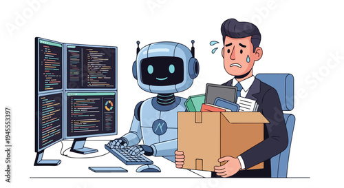 A worried businessman holding a cardboard box sits beside a robot at a desk with computer screens displaying code, conveying a concept of AI and unemployment in a flat 2D editorial illustration.