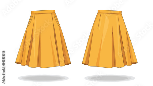 A vibrant vector illustration of a chic yellow pleated midi skirt, presenting its elegant front with subtle pockets and a smooth back profile,