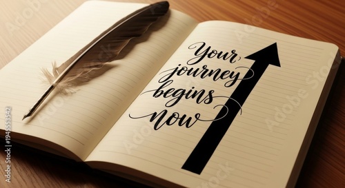 Open journal with calligraphy quote and feather pen