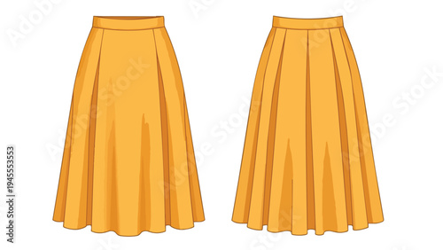 Stylish golden yellow full pleated midi skirts, front and back flat illustration. Essential fashion template for apparel designers. Elegant