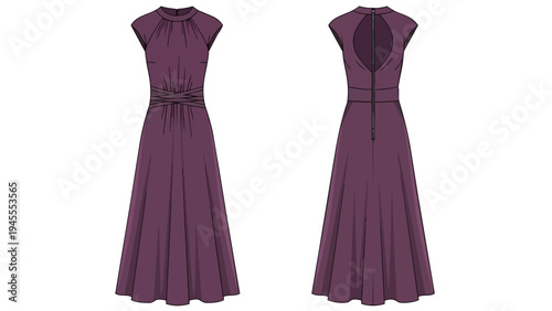 Elegant plum cap sleeve gown with draped waist and keyhole back design fashion flat sketch illustration