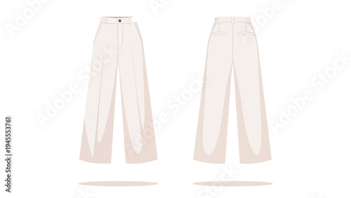 Crisp white wide-leg trousers garment front and back view minimalist vector illustration for fashion design and modern apparel showcase elegant