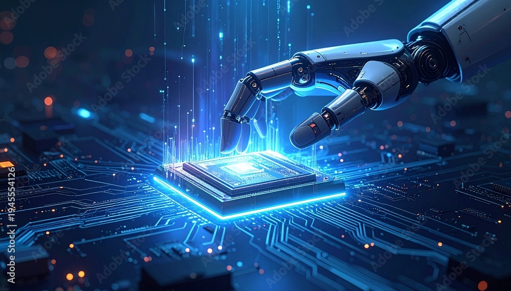 Obraz premium Futuristic robotic hand interacting with glowing processor, symbolic visualization representing artificial intelligence, robotics, and advanced computing technology.