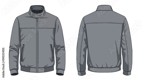 Essential men's grey bomber jacket technical drawing showing detailed front and back views perfect for fashion design, apparel mockups, and