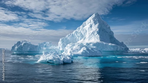 In the Arctic, majestic icebergs float peacefully in calm waters. The sky reveals soft clouds, reflecting the stunning beauty of this remote region during summer.