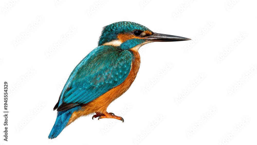 Obraz premium Isolated common kingfisher bird with vibrant blue and orange plumage, profile view