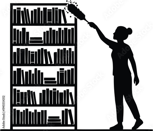 Woman Cleaning Bookshelf with Feather Duster Silhouette Illustration