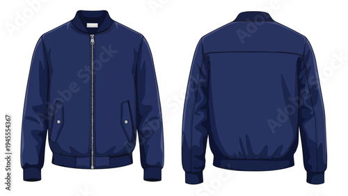 Elegant dark blue bomber jacket with front and back views, ideal for fashion design and apparel mockups