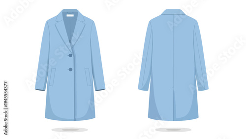 Light blue women's trench coat detailed illustration, showcasing elegant front and back views of contemporary fashion apparel. Perfect for seasonal