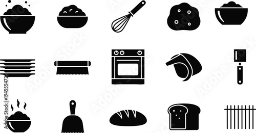 Cooking and baking icon set, kitchen silhouette collection, flat vector illustration, culinary tools graphic, chef equipment design, food preparation symbols