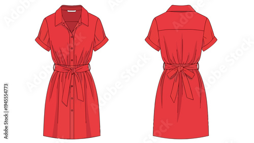 A vibrant crimson short-sleeved button-down dress technical flat sketch showcasing front and back views for fashion design.