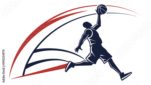 Basketball player dunking silhouette with dynamic swoosh graphic - sport concept with ideal for sports-themed designs and marketing with slam dunk