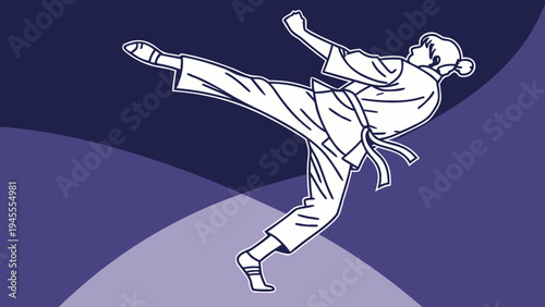 Martial arts woman performing high kick - karate, taekwondo, combat sports, illustration of a woman in a martial arts uniform executing a dynamic high kick, represents discipline, fitness, and
