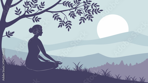 Woman meditating under tree silhouette at sunset - zen, serenity, mindfulness, represents peace, tranquility, yoga, and mindfulness practices