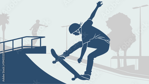 Skateboarder performing trick at skatepark, silhouette, extreme sports, urban lifestyle, captures the energy of extreme sports and urban youth culture