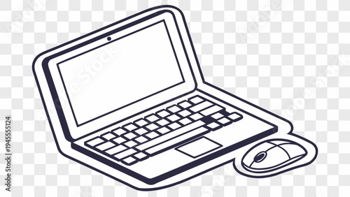Laptop and computer mouse, outline illustration, technology, work, represents technology, work, office, and digital tools