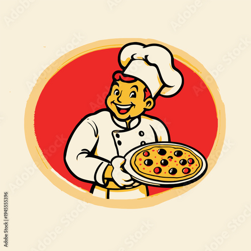 A chef holding a pizza