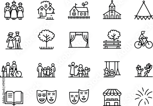 Set of 20 line icons vector, community, social, theater, travel, people