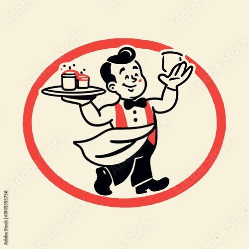 A cartoon waiter holding a tray with two cups