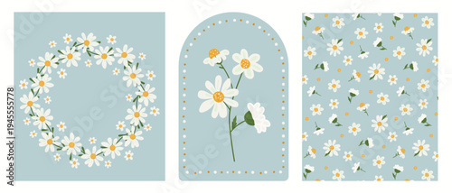 Beautiful daisy floral set with wreath decorative arch and seamless pattern. Botanical chamomile collection in perfectly imperfect doodle style. Organic vector bundle for wedding and greeting cards.