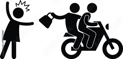 Bag snatching crime, thief on motorcycle stealing handbag from woman