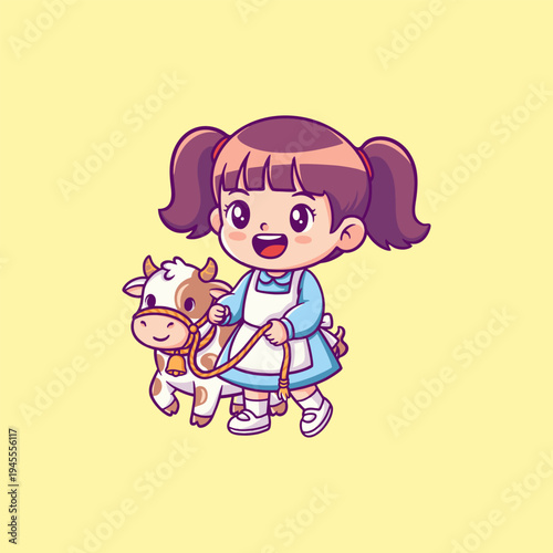Girl Walking a Cow Illustration Eid Adha
