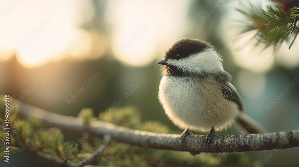 Obraz premium Charming Small Bird Perched on a Tree Branch with Soft Background Light during Golden Hour in a Natural Forest Setting