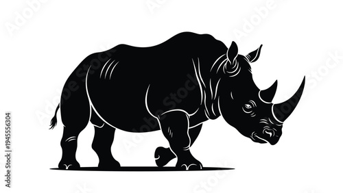 Black and white silhouette of a majestic rhinoceros standing on a white background with stylized line art detailing its powerful form.