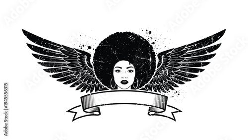 Graphic illustration of a beautiful black woman with an afro hairstyle and large spread wings, featuring a blank banner for text.