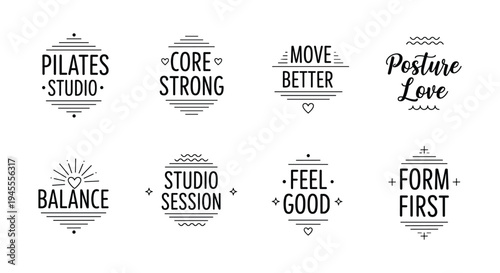Pilates studio typography set, fitness motivation, flat vector illustration, wellness badge design, core strength lettering, balance graphic, workout branding