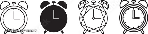 Minimalist set of four thin line alarm clocks in various styles, perfect for time management, scheduling, or flat design vector graphics.