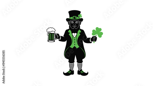 Illustration of a leprechaun in black and green attire holding a foaming beer mug and a green shamrock against a solid white background.