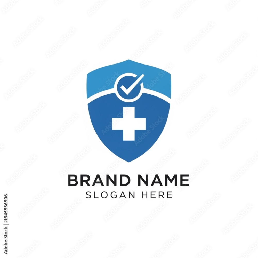 Obraz premium Blue shield logo with a white cross and checkmark, representing health and safety.