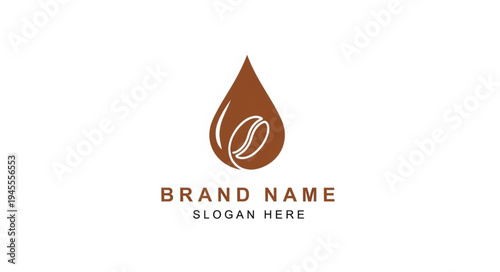 A minimalist brown logo featuring a coffee bean inside a water drop, with placeholder text for brand name and slogan.