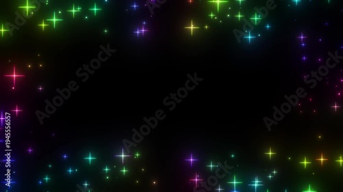 画面手前に流れるカラフルなキラキラ輝く光の枠のエフェクト背景