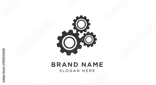 Three interlocking gears, representing teamwork, industry, and mechanical engineering, with placeholder text for brand name and slogan.