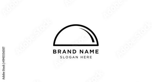 A simple and modern logo design featuring a dome-shaped cloche over the text 'BRAND NAME' and 'SLOGAN HERE' on a white background.