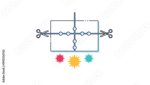 Conceptual flat design illustration showing a sheet of paper being cut by two pairs of scissors with colorful star shapes appearing below.