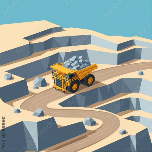 A large yellow mining truck transports rocks through a vast open-pit mine with layered terraces.