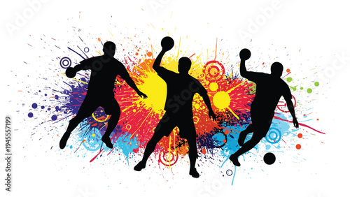 Silhouettes of handball players in dynamic action poses set against a vibrant background of colorful paint splatters and geometric circles.