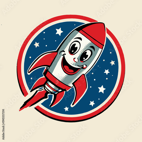 A cartoon rocket with a smiling face