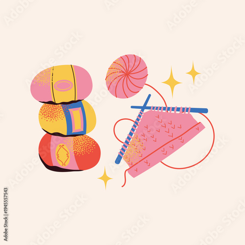 Flat Vector Illustration of a Cozy Knitting Set with Colorful Skeins of Yarn, Wool Balls, Blue Knitting Needles, and a Pink Hand-Knitted Fabric Pattern for DIY Crafting, Hobbies, and Needlework