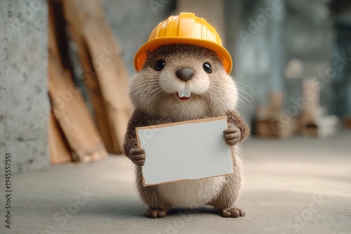 Cute animal in hard hat holds blank sign in construction site during daytime